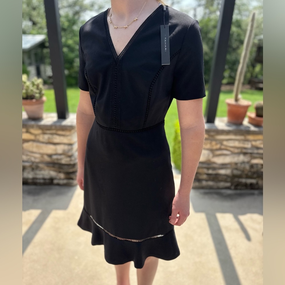 Tahari Black V-Neck Short Sleeve Mini Dress